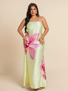 SHEIN BAE Plus Size Women Satin Print Open Back Dress, Spring/Summer,4th Of July Curve,Beach Outfit For Women,Airport Outfit Women,Festival Outfits Women,Graduation ,Women Summer Clothes,Going Out Tops Women,Rave Outfits,Club Outfits Women Sexy,Birthday Outfits For Women,Holiday Outfits,Wedding Guest Dress Women,Graduation Dress,Yellow Butter,Summer Dresses For Women - Apricot - View 5