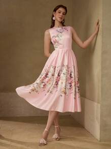 MOTF PREMIUM 花卉印花喇叭下摆连衣裙 - 粉色 - 查看 6