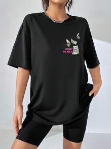 SHEIN EZwear Casual Minimalist Letter Print Round Neck Short Sleeve Oversized Women's T-Shirt, Suitable For Spring And Summer - Black - View 4