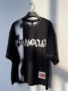 Manfinity EMRG 男士夏季街头风格黑白大数字图案 T 恤，前卫设计男士男士 T 恤短款男士街头潮流衬衫 - 黑色 - 查看 5