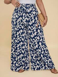Travachic Plus Allover Print Belted Wide Leg Summer Pants - Navy Blue - View 5