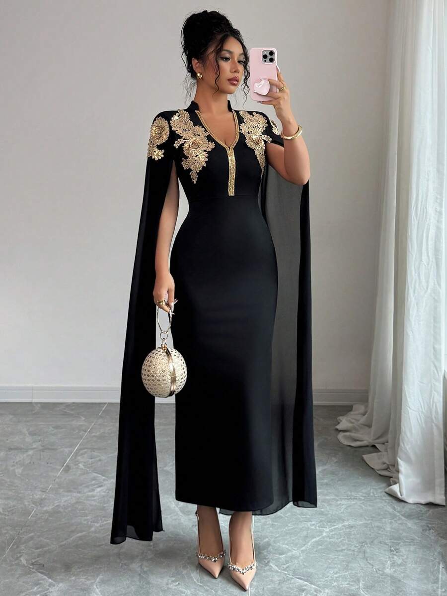 Elenzga Rochie de damă cu mânecă lungă, brodată, cu decolteu în V - imagine 4