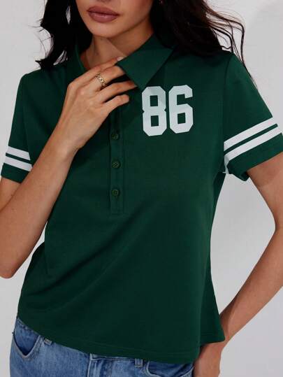 Roylia 运动衫面料、印花数字图案、条纹图案、纯色、修身、短袖、Polo 领、定位印花、纽扣、办公室、节庆、假日、休闲、通勤、运动、极简主义、时髦、Y2K、青少年休闲、街头风格、春夏女款常规 Polo 衫、短款 T 恤