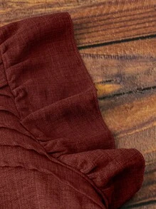 SHEIN Clasi 女式休闲蓝色不对称荷叶边盖袖衬衫 + 女式休闲蓝色松紧腰侧袋直筒九分裤，春夏 - 亮橙色 - 查看 3