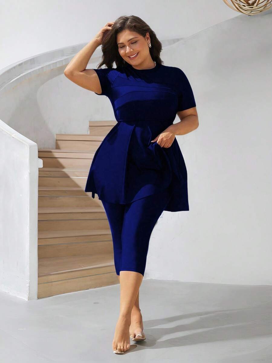 Swim Mulvari Plus Size Solid Color Short Sleeve Burkini Swim Suit Black Two Pieces Set For Summer Beach Vacation - Navy Blue - View 1