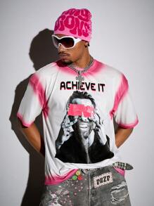 ROMWE MEN Street Life Men's Y2K Loose Fit Spray Painted Graphic Letter & Figure Print Short Sleeve T-Shirt - White - View 5