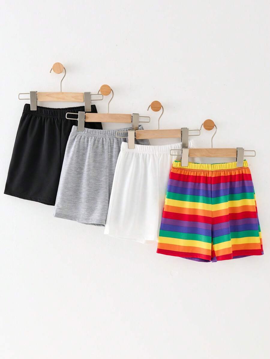 Set de 4 pantalones cortos holgados de punto con estampado de rayas arcoíris de estilo universitario casual para vacaciones, surtido de 4 colores, adecuados para primavera y verano - Multicolor - Ver 1