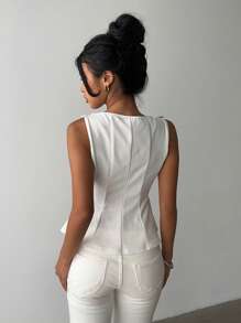 Aloruh 女士日常休闲商务简约复古风格纯色教师上衣外出背心优雅极简无袖衬衫，适合办公室通勤、毕业季、返校季等场合。 - 白色 - 查看 3