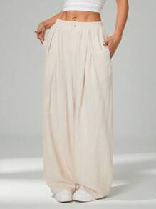 SHEIN PETITE Quần ống rộng thường ngày bằng vải tre dệt co giãn màu mơ mùa hè dành cho nữ Quần áo cơ bản cho kỳ nghỉ giải trí - Màu Khaki - Xem 3