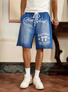 Manfinity VCAY Men's Summer Casual Numeric & Letter Print Drawstring Waist Slant Pocket Loose Shorts, School - Blue - View 1