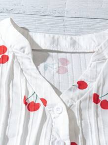SHEIN Clasi Chemise courte à manches courtes en H-Line avec col plissé et imprimé cerise, style décontracté pour le quotidien et les vacances