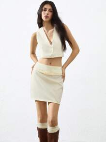 GENKIRA New Minimalist Commuter Bow Decor Bodycon Mini Skirt For Women - Beige - View 6