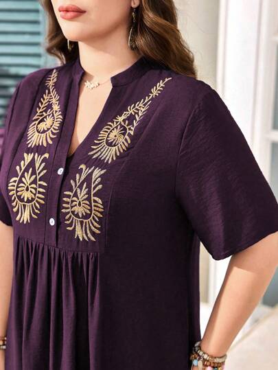 SHEIN Lacomfia Plus Size Women Contrast Collar Embroidery Elegant Slim-Fit Short Sleeve Dress, Comfortable For Commuting