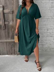 SHEIN VCAY Plus Size V-Neck Ruched Short Sleeve Casual Everyday Comfortable Fashionable Dress - Teal Blue - View 4