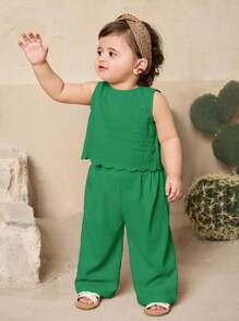 Travachic KIDS Babygirl 夏季可爱荷叶边无袖背心和裤子套装 - 綠色 - 查看 2