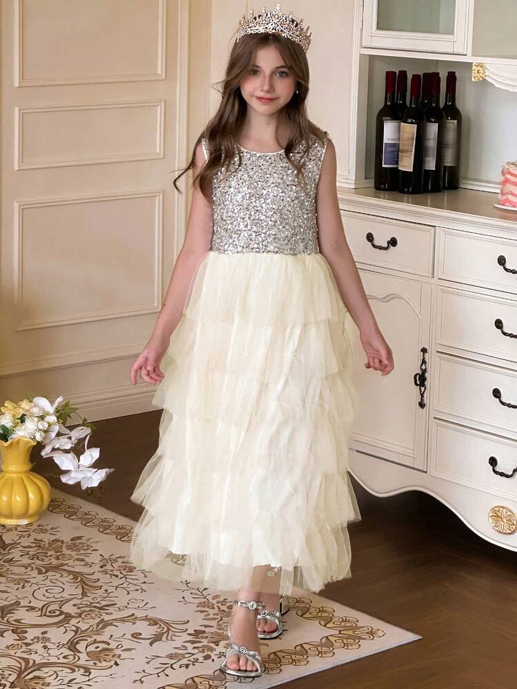 Girls' Round Neck Sleeveless Mesh Dress, Tween Girl Fall Clothes