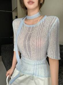 DAZY Women's Contrast Color Crochet Hollow Out Lace Mesh Pullover Short Sleeve Knitted Top With Tie Details, Spring/Summer - Blue - View 7