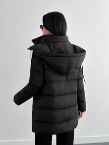 SHEIN Tall Tall Size Zip Up Drawstring Hooded Padded Coat, For Winter Streetwear - Black - View 2