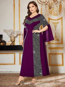Modelyn Plus Size Women Elegant Chiffon Patchwork Ruched Bodycon Dress Fall Cloth For Women - Purple - View 6