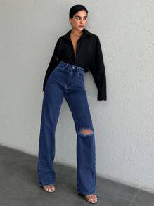 RueChic Women's High Waisted Ripped Jeans - Dark Wash - View 4