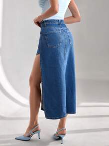 RueChic Zipper Fly Asymmetrical Denim Skirt - Medium Wash - View 2