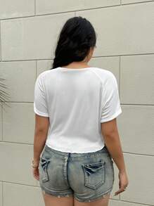 Flirla Tricou casual texturat, cu scobituri, mărime plus, design drăguț cu inimă, versatil