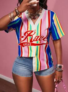 Slaydiva 2025夏季新款音乐节/毕业/生日派对/日常/休闲/度假/邮轮/沙滩装女士休闲V领条纹百搭上衣，热卖 - 彩色 - 查看 7