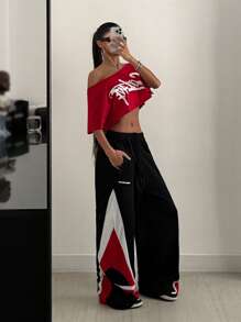 Coolane WOMEN Streetwear Going Out Sport Casual Graphic Off Shoulder Slouchy Cropped Red Tee - Red - View 3