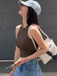 DAZY Women's Solid Color Round Neck Sleeveless Short Rib Knit Casual Tank Top, Summer,Back To School Clothes Crop Women Tops