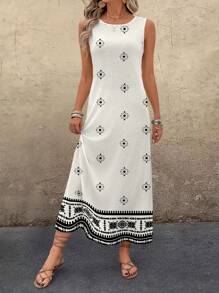 EMERY ROSE 女士复古纹理印花圆领休闲背心裙，女士夏季连衣裙