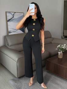 Vavine 优雅商务休闲女装，金属纽扣装饰女式无袖高弹力性感吊带背心和裤子两件套休闲套装 - 黑色 - 查看 6