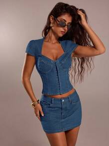 SHEIN Forever 21 Áo cánh denim ngắn tay cài nút phía trước mùa hè cho nữ - Màu xanh lam - Xem 6