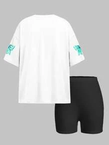 SHEIN Leap Crew Bộ 2 áo thun tay ngắn rộng rãi và quần legging cho bé gái tuổi teen, phù hợp cho mùa hè - Nhiều màu - Xem 2