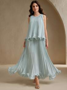 Anewsta Bộ áo hai mảnh không tay xếp nếp thanh lịch lãng mạn cho ngày lễ, tiệc tùng, hẹn hò dành cho nữ, thích hợp cho mùa xuân, mùa hè, lễ hội, tốt nghiệp - Màu xanh lam - Xem 6