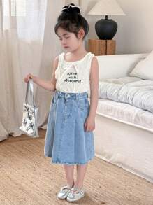 SHEIN 少女蓝色褶皱喇叭牛仔裙，春夏休闲度假