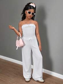 SHEIN Conjunto de 2 piezas de top de tirantes de color liso y pantalón largo informal para niñas preadolescentes