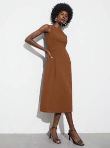 Maija 2025 夏季新款卡其色圆领无袖摆裙女士商务休闲日常通勤优雅海滩度假适合婚礼嘉宾乡村音乐节早午餐机场装复古 90 年代优雅女装 - 咖啡棕 - 查看 5