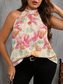 Modelyn Blusa smanicata con colletto alla coreana e stampa floreale, adatta per l'estate, disponibile in taglie comode