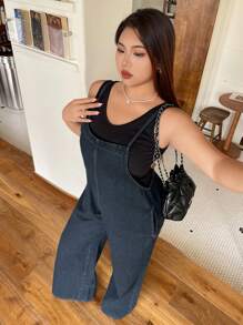 Dazy Plus Plus Size Dark Wash Loose Fit Denim Bib Overall Long Jumpsuit, All Season