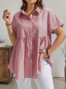 EMERY ROSE Áo sơ mi sọc thường ngày cỡ lớn, đơn giản và thời trang để mặc hàng ngày, mùa hè, quà tặng cho mẹ, phong cách Bohemian, nghỉ xuân, tiệc tùng, đồng quê - Đỏ - Xem 1