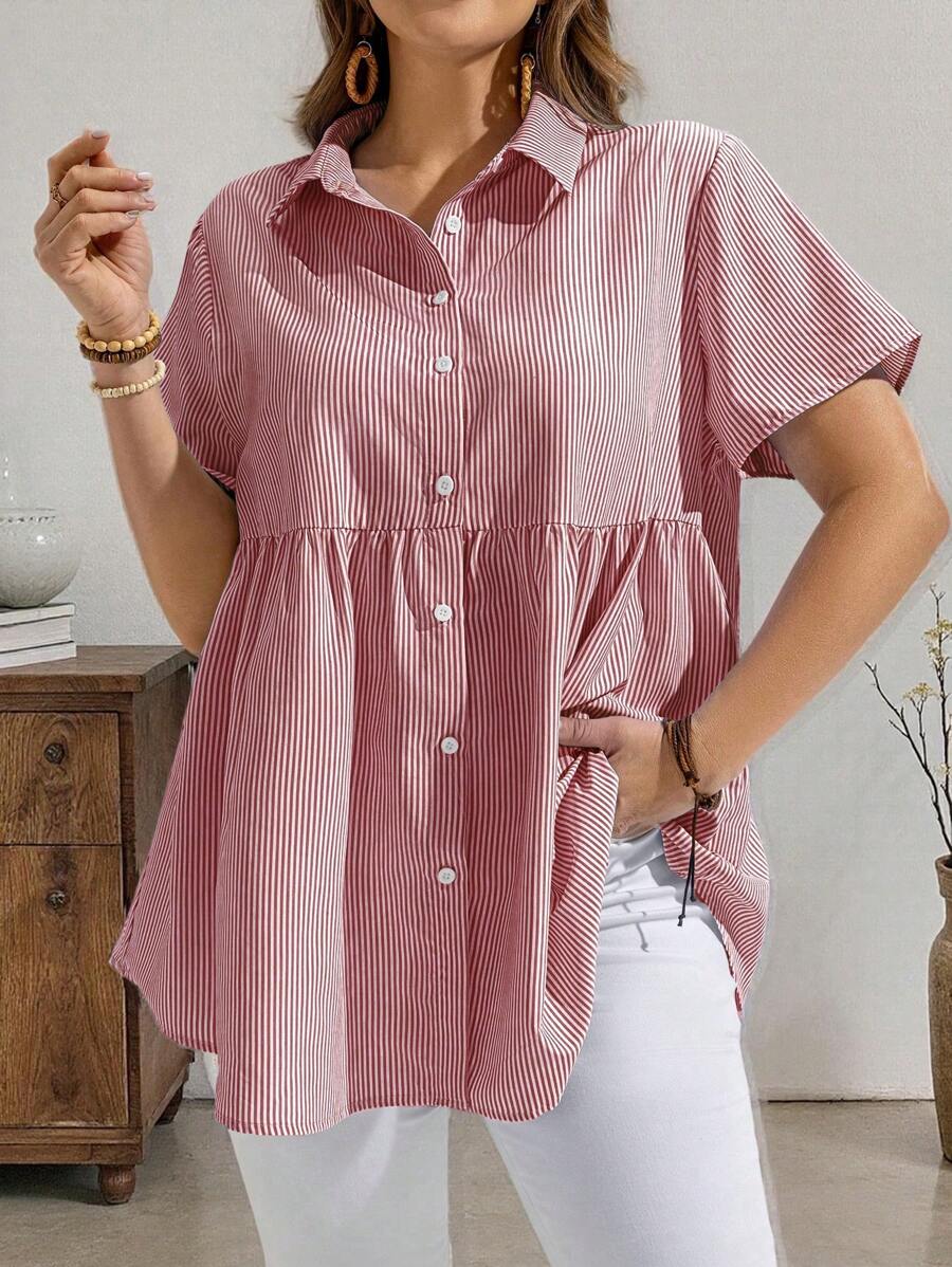 EMERY ROSE Áo sơ mi sọc thường ngày cỡ lớn, đơn giản và thời trang để mặc hàng ngày, mùa hè, quà tặng cho mẹ, phong cách Bohemian, nghỉ xuân, tiệc tùng, đồng quê - Đỏ - Xem 1