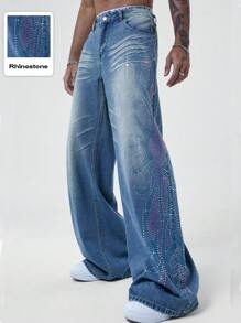 ROMWE MEN Street Life Jeans anchos y holgados para hombres con aplicaciones de rhinestones - Azul - Ver 1