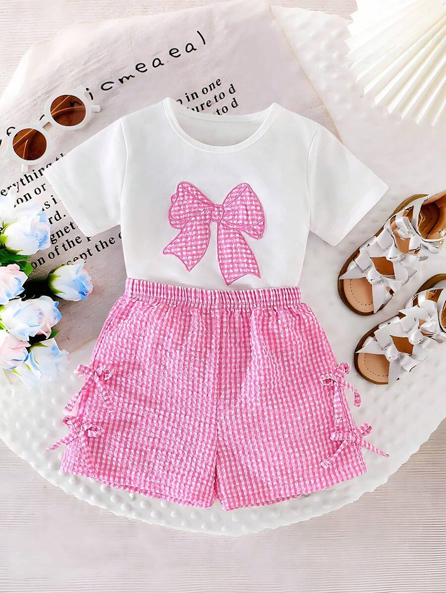 Conjunto informal de 2 piezas para niñas con camiseta de manga corta de cuello redondo a cuadros con lazo y shorts elásticos a la cintura con lazo a cuadros - Rosa - Ver 1
