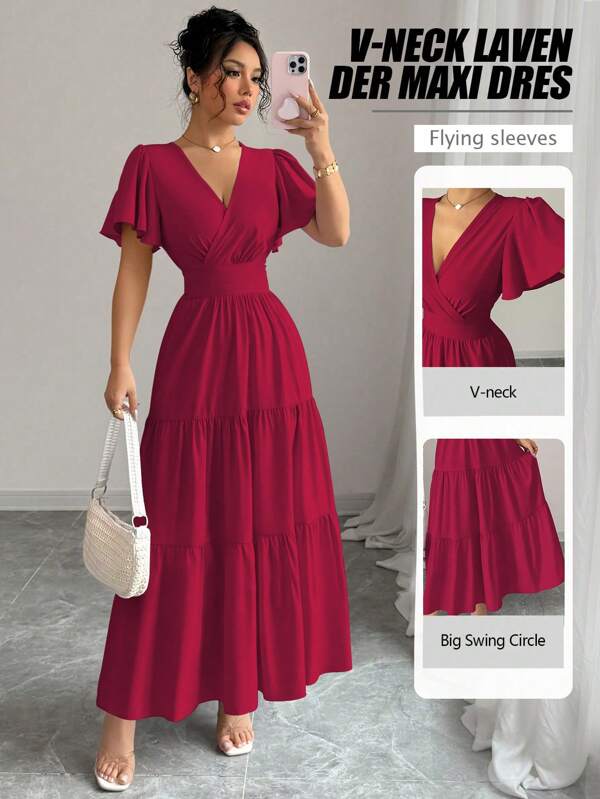 Elenzga Spring/Summer 2025 New Elegant French Style Waist Cinching Slim Fit Purple Short Sleeve Dress