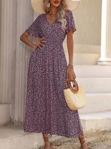 EMERY ROSE Vacation Casual Ditsy Floral Side Slit Dress - Maroon - View 3