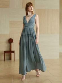 SHEIN LUNE Women's Chiffon Elegant V-Neck Ruched Waist With Slit Blue Maxi Dress, Suitable For Work And Vacation,Casual Dresses For Woman,Vacation Dress,Wedding Guest Dress Women,Graduation Dresses For Women,Dresses For Women Elegant,Modest Dresses For Women,Summer Dresses For Women,Wedding Guest Dress Women,Casual Dresses For Woman,Wedding Guest Dress Women,Flowy Dress