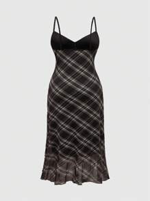 ROMWE Váy suông kẻ caro không tay cỡ lớn Fairycore dành cho nữ, phù hợp để mặc hàng ngày - màu nâu - Xem 2