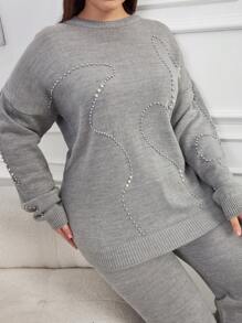 EURMUSE Plus Size Casual Crew Neck Melange Yarn Faux Pearl Beaded Drop Shoulder Solid Sweater & Wide Leg Plain Drawcord Detailed Sweater Pants 2 Pieces Set, For Winter - Grey - View 5