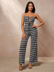 Vixey Mono de pierna ancha con estampado de punto, escote strapless y cordones frontales con forro