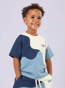 Bộ đồ thể thao họa tiết sóng trẻ em của Sumwon Studios Bộ đồ thể thao thường ngày mùa hè mùa xuân Áo nỉ thể thao Quần áo chạy bộ Quần áo chơi - Màu xanh lam - Xem 3